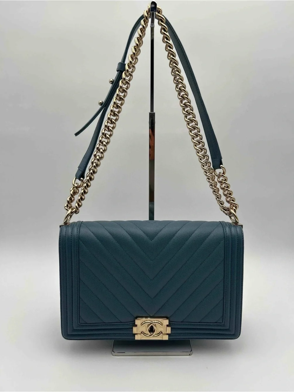 CHANEL Teal Chevron Shoulder Bag with Gold Chain